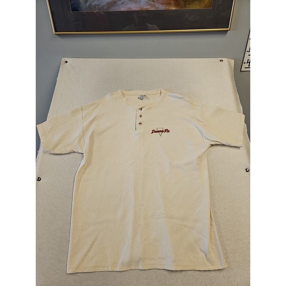 Vintage Diamond Rio Band Shirt Cal Cru Henley Cream Herringbone‎ USA Made XL